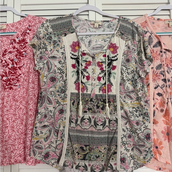 Style & Co Pink Floral Embroidered Short Sleeve Tops Girly Feminine Boho Sz L - Picture 3 of 6